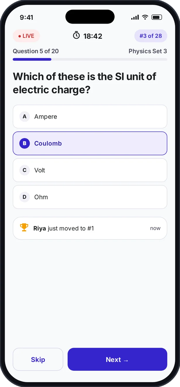 Testlook live test screen with timer and live rank