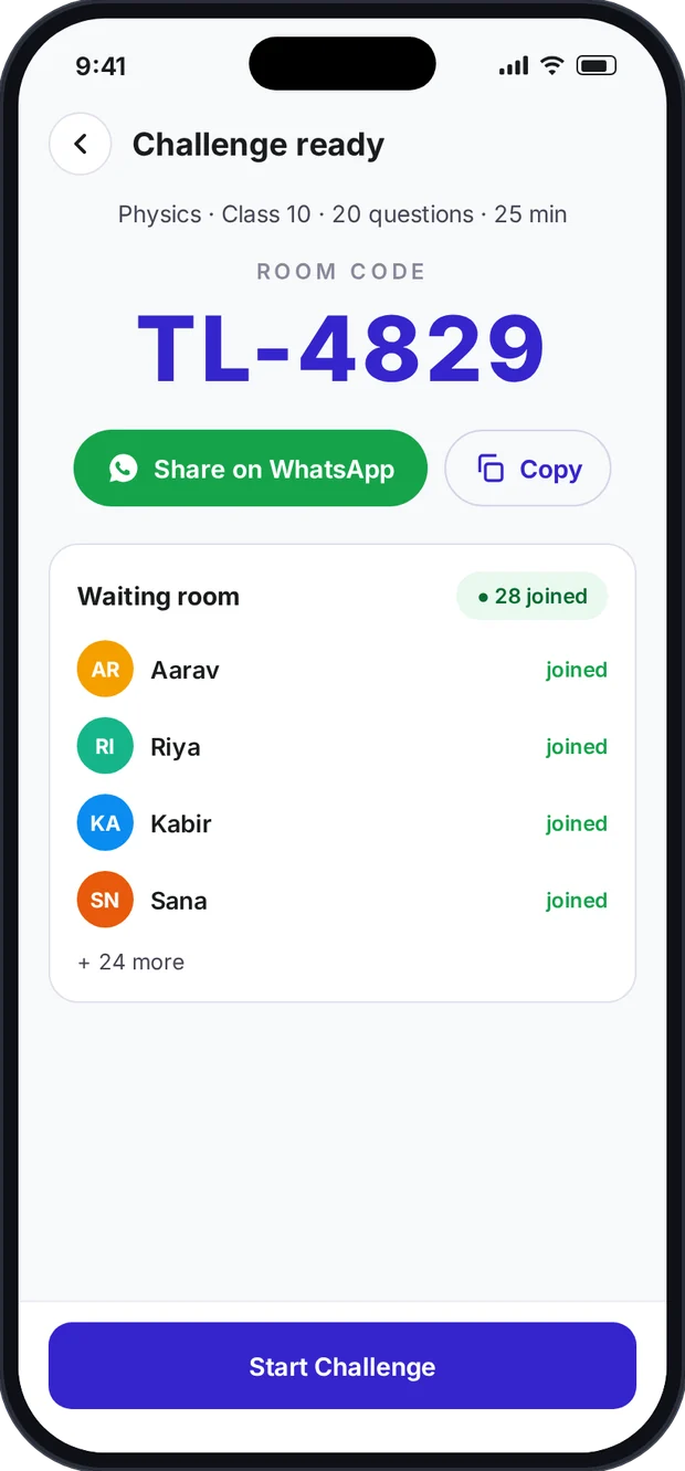 Testlook challenge ready screen with room code and WhatsApp share